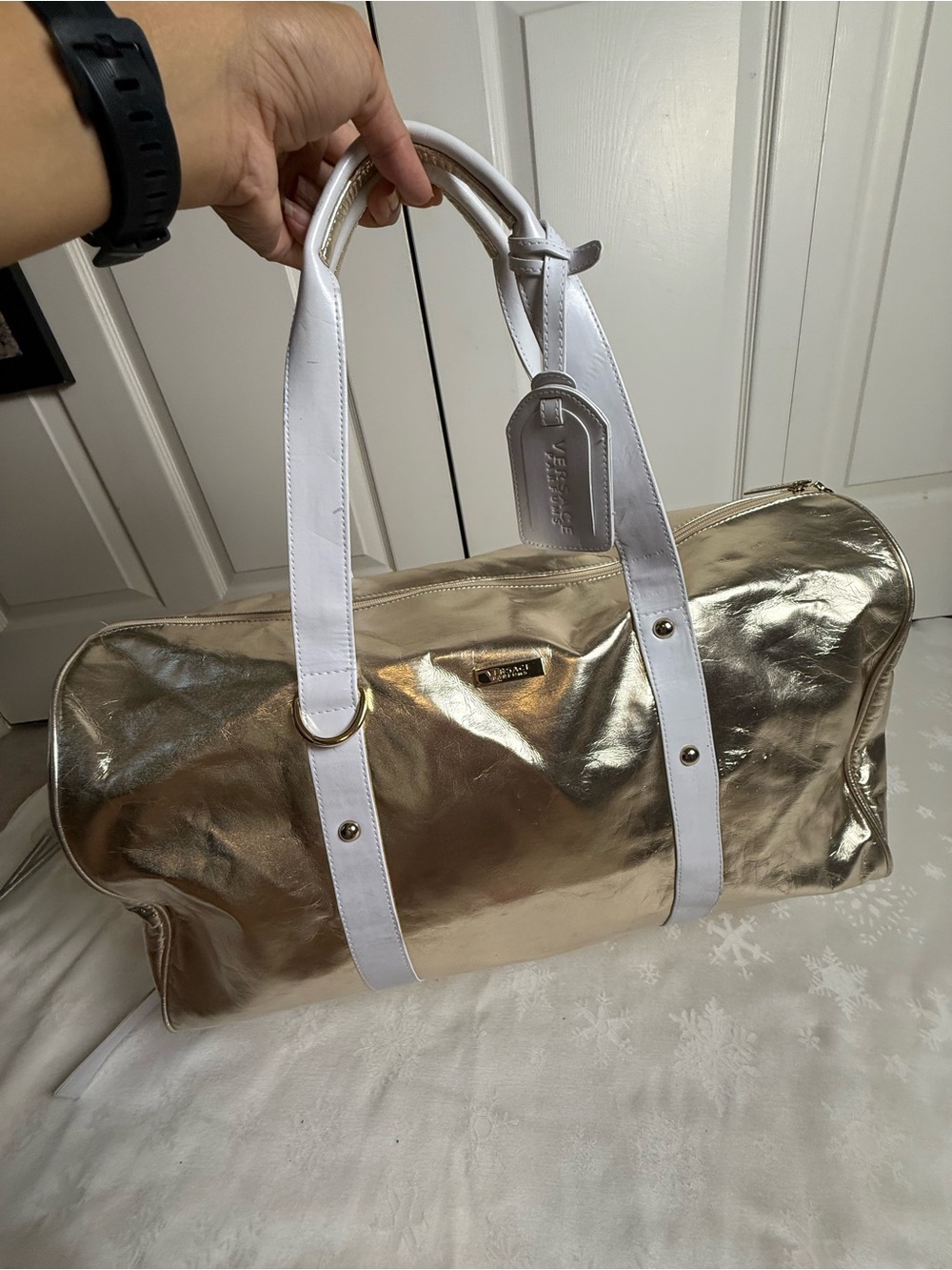 Versace Parfums Gold Metallic Duffle Bag White Y2K McBling Weekender Travel